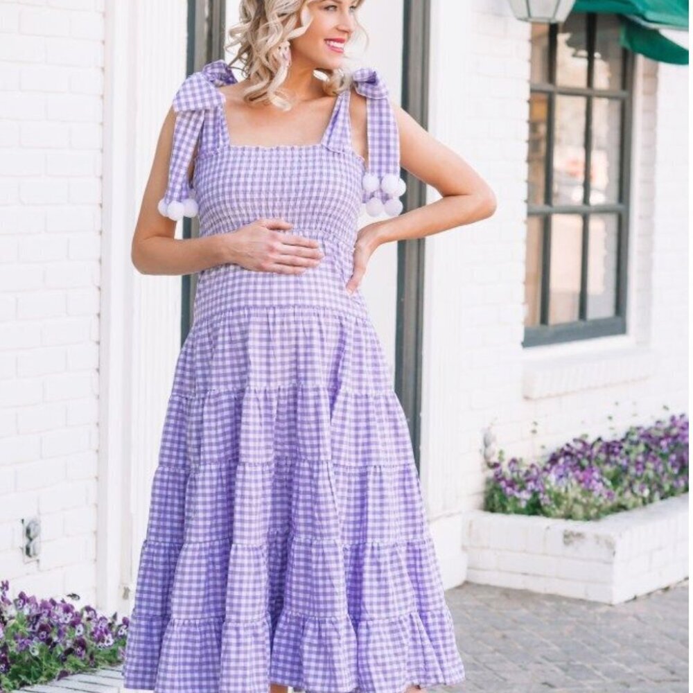 Gingham Purple/White Dress with Pom Pom Detail - Picture 2 of 3